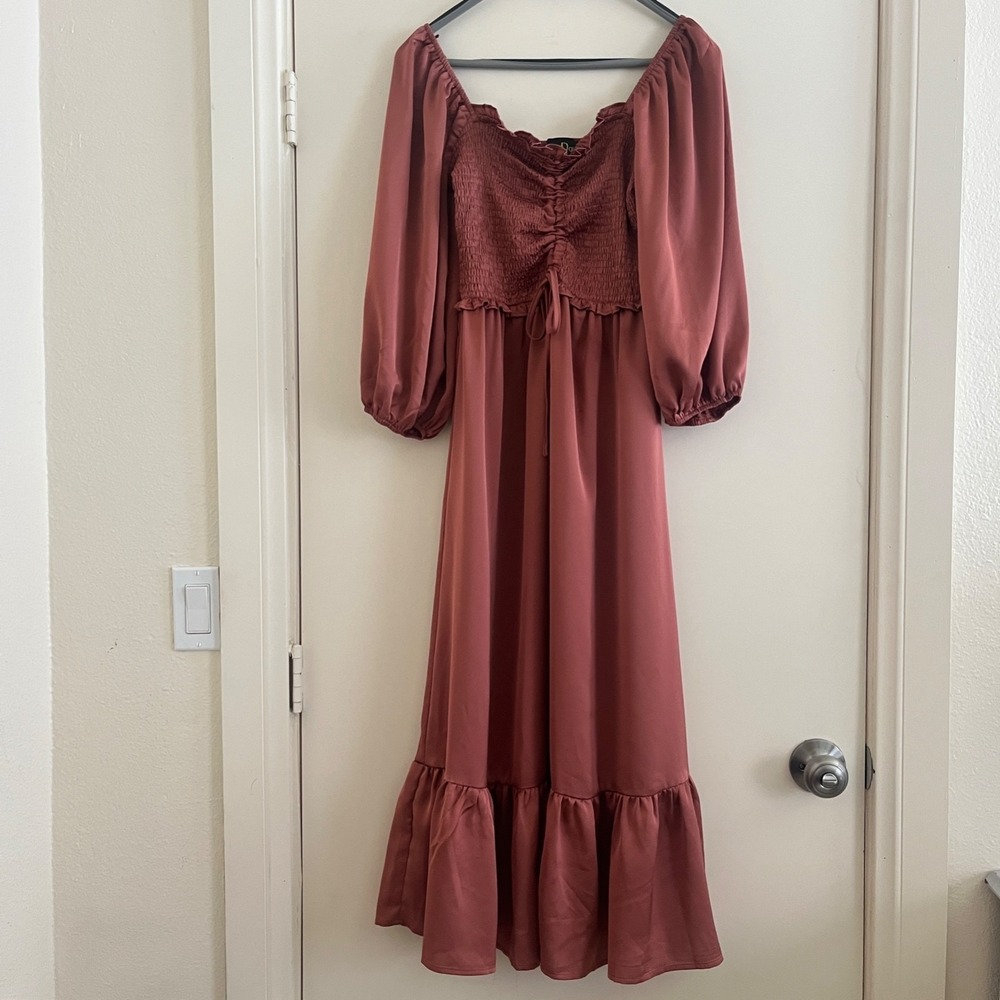 Dress Day Satin Smocked Milkmaid Midi Dress Medium Rustic Tiered Ruffle Romantic